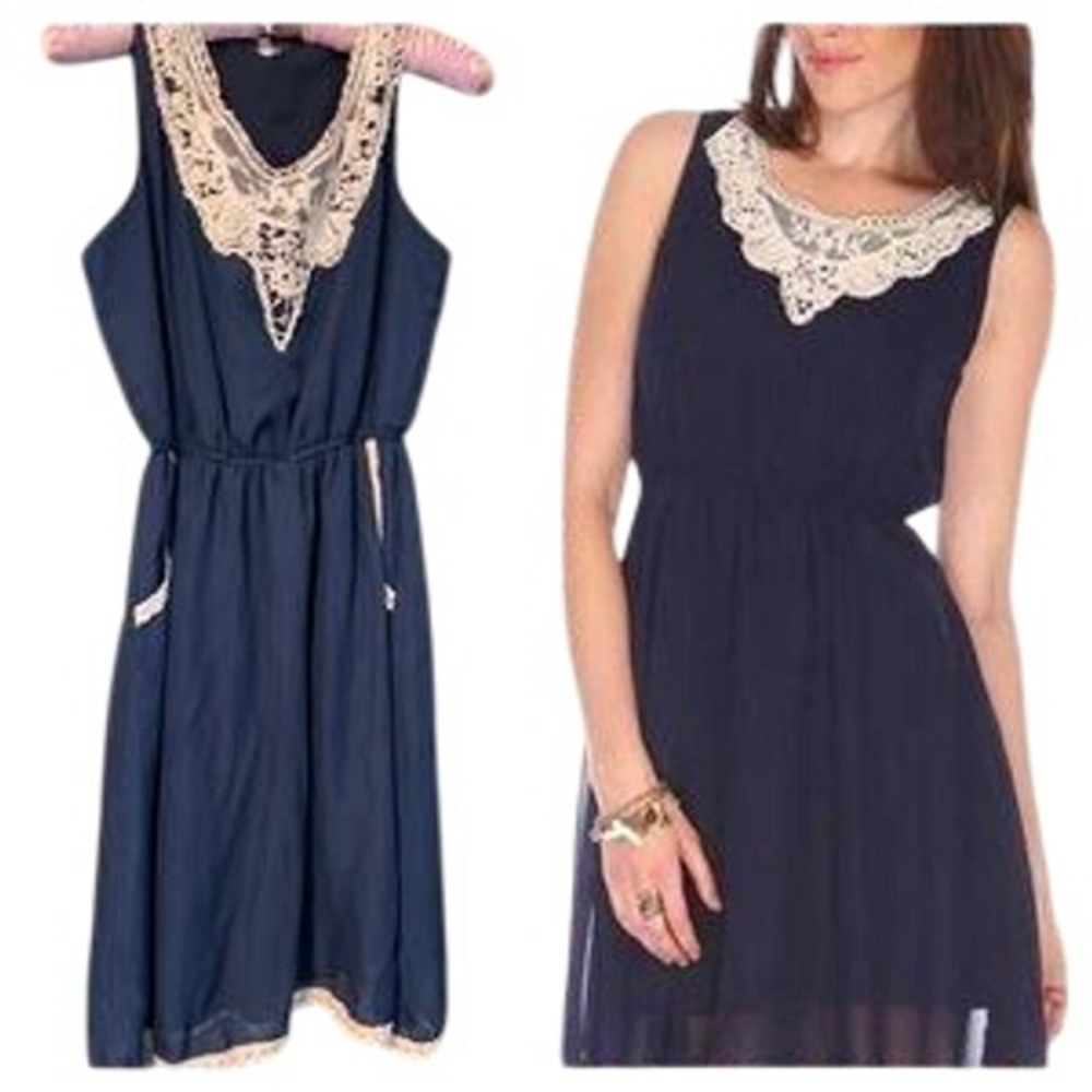 Vanilla Bay Navy Blue Sleeveless Midi Dress with Crochet Lace Trim SZ Med - Picture 1 of 2